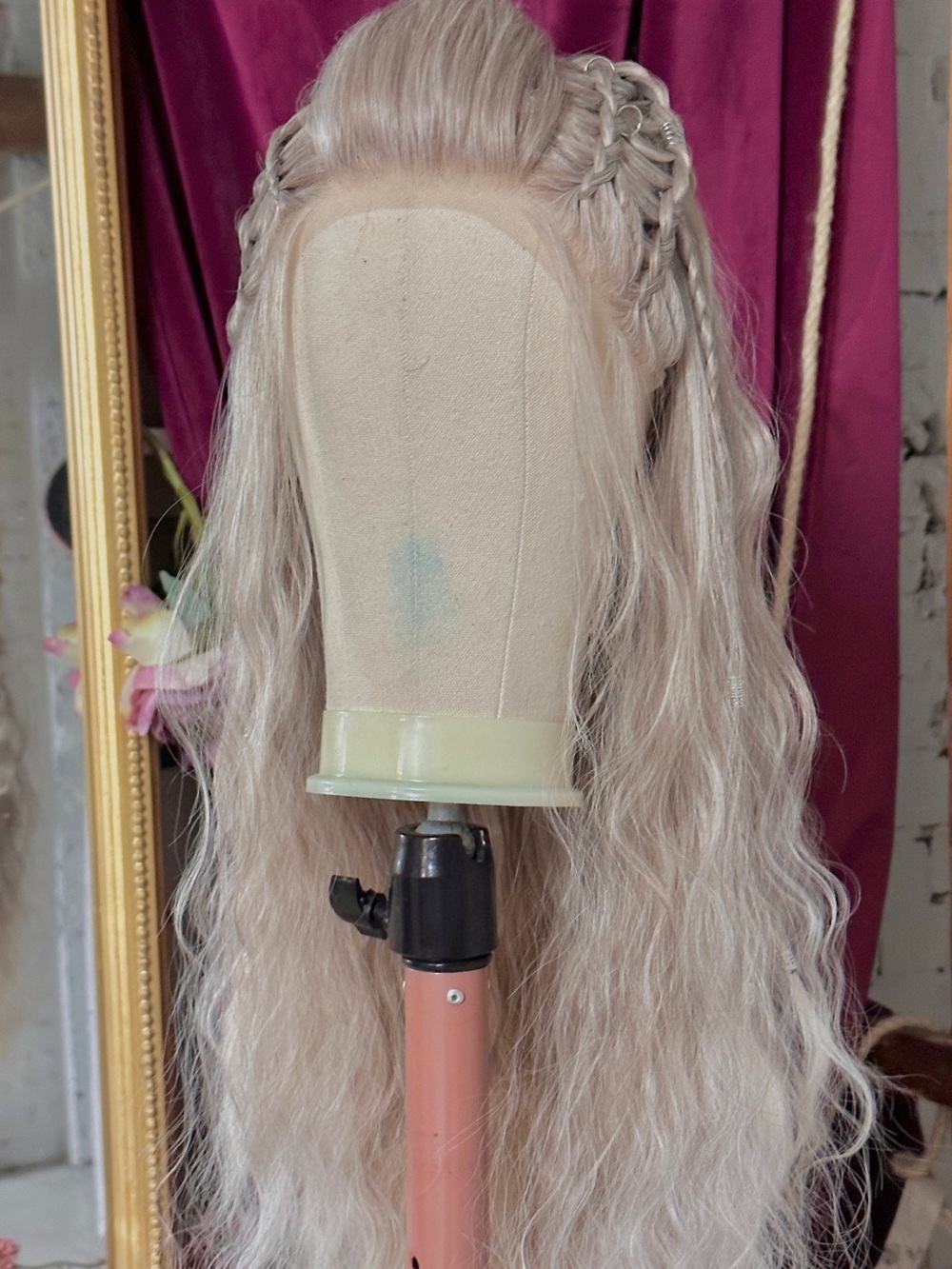 Viking elf women’s wig Silver Lace Long Wavy Braided beaded - Picture 3 of 11